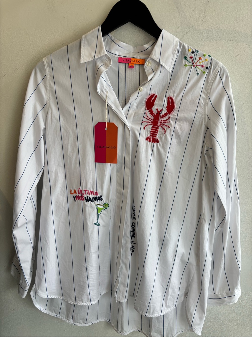 Vilagallo White Pinstripe Shirt with Red Lobster and Colorful Embroidery